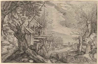 Paesaggio con Casa di Tronchi vicino a un Fiume da Dutch 17th Century, formerly Jacques de Gheyn II