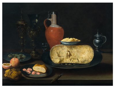 Natura morta con formaggio, burro, pane, gamberi, arance, olive e vino su un tavolo da Dutch School