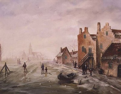 Paesaggio invernale con figure che pattinano in primo piano da Dutch School