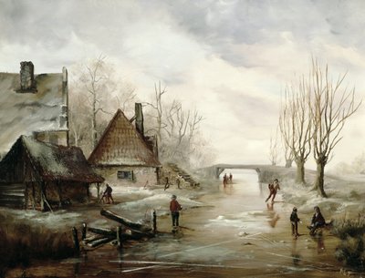 Paesaggio invernale con figure che pattinano in primo piano da Dutch School