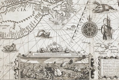 Dettaglio di due mostri marini simili a balene e un inserto con balene più realistiche, da 