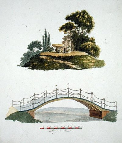 Una sedia rustica e un tavolo e un ponte ornamentale, da 