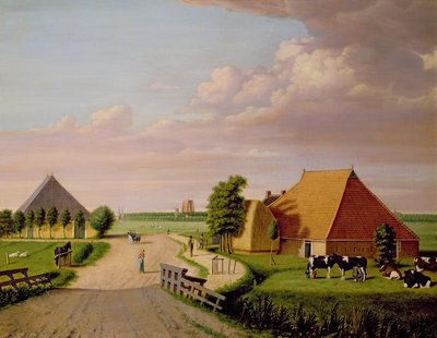 Studio di Leevwarden in Olanda con un gregge di bovini frisoni in primo piano da Dutch School