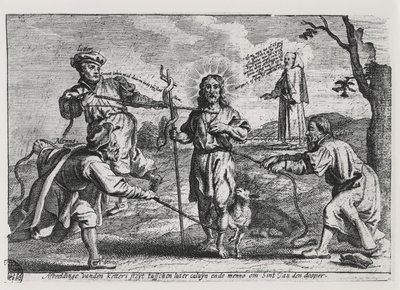 Caricatura di Lutero, Calvino e Menno Simons che disputano Cristo e il suo insegnamento da Dutch School