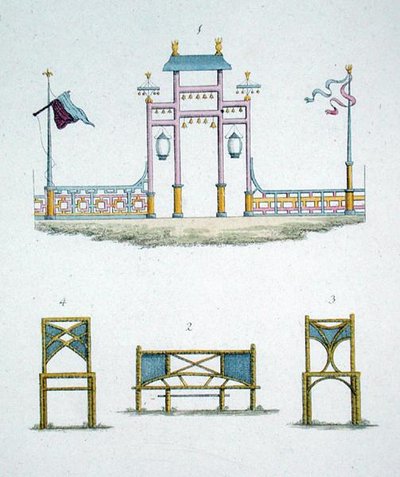 Cancello cinese e sedili da giardino, da 
