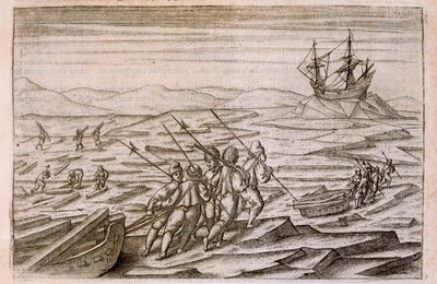 Raccolta di legna per la capanna in cui la spedizione ha svernato, illustrazione da Diarium Nauticum, seu vera descriptio trium navigationum admirandarum... di Gerrit de Veer, 1598 da Dutch School