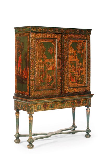 Cabinet da collezionista su supporto, c.1700-30 (dorato e verde Japanning) da Dutch School