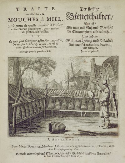 Copertina di Traite des Abeilles, ou Mouches a Miel... stampato in francese e tedesco, inciso da G.V.Eckhout, Amsterdam 1670 da Dutch School