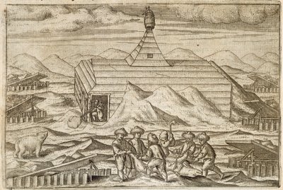 Equipaggio che uccide e scuoia orsi, fuori dalla cabina in cui la spedizione ha svernato, illustrazione da 