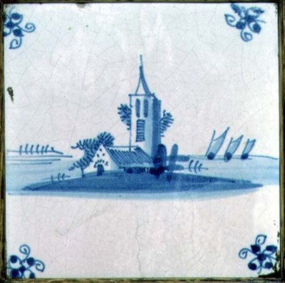 Piastrella di Delft con una chiesa e tre vele di chiatta da Dutch School