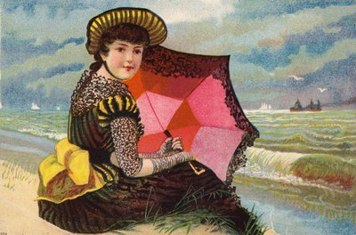 Ragazza olandese, con parasole, vicino al mare da Dutch School