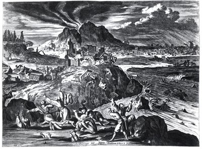 Terremoto a Edo (Tokyo) nel 1659, illustrazione dal resoconto di Arnold Montanus delle ambasciate inviate dalla Compagnia Olandese delle Indie Orientali all