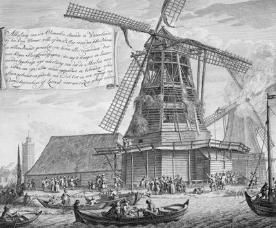 Combattere un incendio in un mulino a vento vicino a Worden, da un libro sulla lotta antincendio in Olanda, pubblicato c.1700 da Dutch School