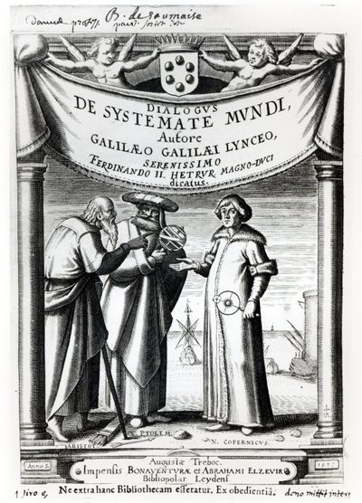 Frontespizio di Dialogus De Systemate Mundi di Galileo (1564-1642), pubblicato a Leida 1635 da Dutch School