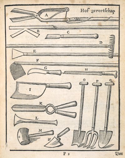 Attrezzi da giardino, da Il Giardiniere Olandese di Johann van der Groen, pubblicato nel 1699 da Dutch School