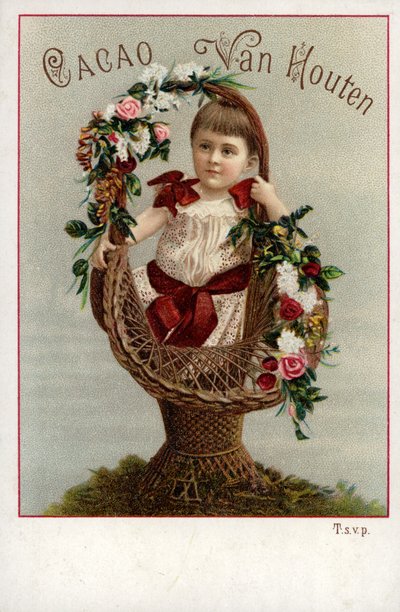 Ragazza con bouquet floreale, pubblicità del cioccolato da Dutch School