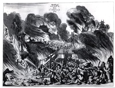 Grande incendio a Yedo (Tokyo) nel XVII secolo, illustrazione dal resoconto di Arnold Montanus delle ambasciate inviate dalla Compagnia Olandese delle Indie Orientali all
