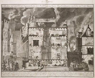 Illustrazione che mostra come i nuovi lunghi tubi antincendio potessero raggiungere tutte le parti di un edificio, da un libro sulla lotta antincendio in Olanda, pubblicato c.1700 da Dutch School