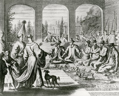 Gesuiti con mercanti olandesi e portoghesi alla corte giapponese, c.1670 (incisione) da Dutch School