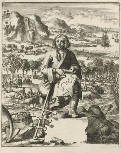 Louis Hennepin sbarca in Nord America, incisione da Dutch School