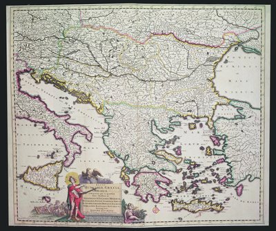 Mappa della Grecia, Ungheria e dei paesi circostanti (incisione colorata a mano) da Dutch School