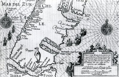 Mappa dello Stretto di Magellano, tavola dalla descrizione del viaggio di Oliver van Noort, 1602 da Dutch School