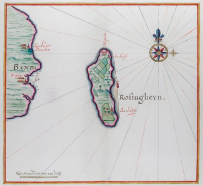 Mappa che mostra una piccola parte di Banda Besar (Lonthoir) e Hatta (Rosengain). Le isole Banda, parte della provincia indonesiana di Maluku da Dutch School