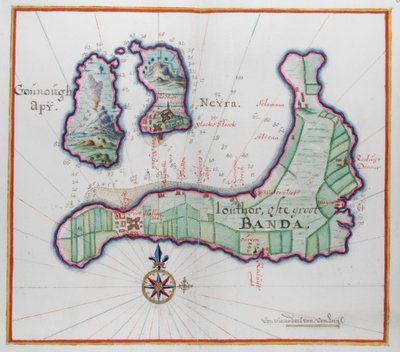 Mappa pittorica di tre delle isole Banda. da Dutch School