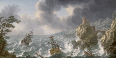 Naufragio in una tempesta al largo di una costa rocciosa da Dutch School