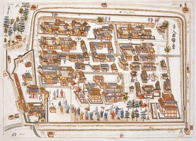La fabbrica cinese nella strada di Teng-chan a Nagasaki, fondata nel 1688, da Illustrations of Japan di Isaac Titsingh, pubblicato a Londra nel 1822 da Dutch School