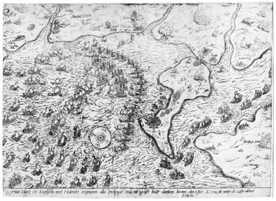 La forza inglese e olandese di fronte alla flotta spagnola nel porto di Cadice nel 1596 da Dutch School