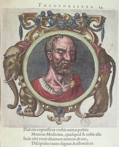 Teofrasto (c.372-287 a.C.), illustrazione da Veterum et Recentium Medicorum Philosophorumque Icones di Johannes Sambucus, pubblicato da Plantin a Leida nel 1603 da Dutch School
