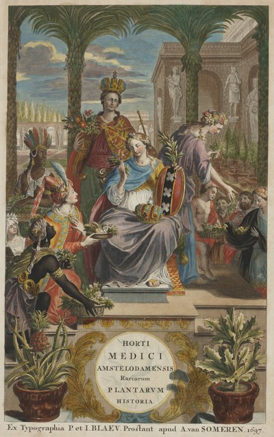 Pagina del titolo da Horti Medici Amstelodamensis Rariorum Plantarum Historia vol. I, di Jan Commelin da Dutch School