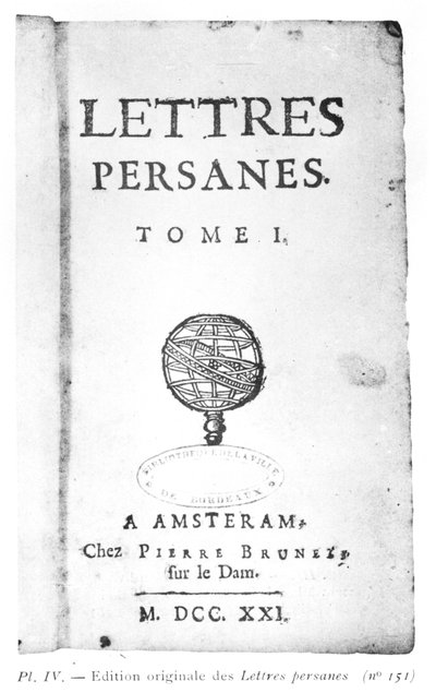 Pagina del titolo di Les Lettres Persanes di Charles de Montesquieu (1689-1755) 1721 da Dutch School