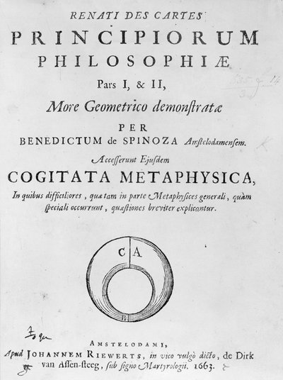Frontespizio di Renati Descartes principiorum philosophie di Baruch Spinoza, pubblicato nel 1663 da Dutch School
