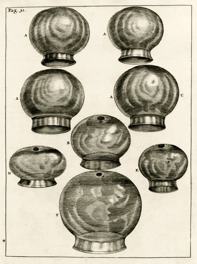 Vari bicchieri per coppettazione, da Exercitationes Practicae circa Medendi Methodum di Frederik Dekkers, 1694 da Dutch School