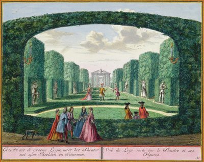 Vista dalla loggia verde al teatro, da Het Zeganplant Kennemerlant, di Hendrick de Leth e Matthias Brouerius Van Nidek, pubblicato c.1700-1730 da Dutch School