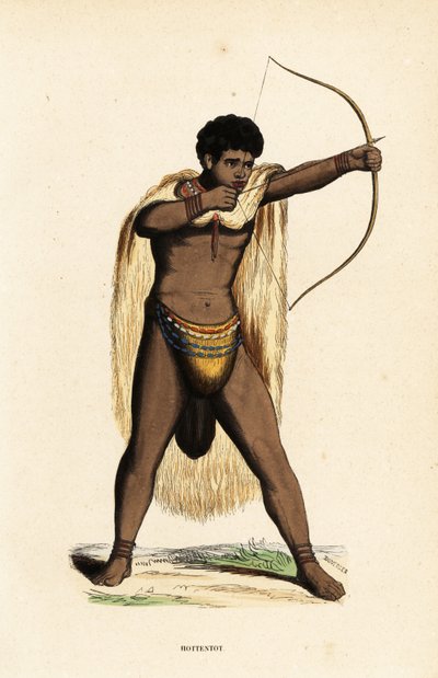 Uomo Khoikhoi in mantello di pelle animale, perizoma con perline, con arco e frecce da Duverger Duverger