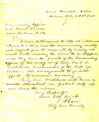 Lettera di E. A. Carr, Helena, Arkansas, al comandante delle forze navali statunitensi vicino a Helena, Arkansas, 2 ottobre 1862 da E.A. Carr