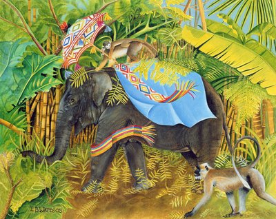 Elefante con scimmie e parasole, 2005 da E.B. Watts