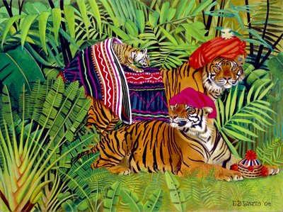 Famiglia di tigri con abiti tailandesi, 2004 da E.B. Watts