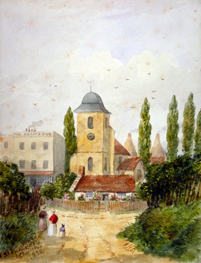 Vecchia chiesa di St Pancras e la taverna Adam and Eve, Londra, 1830 da EH Dixon