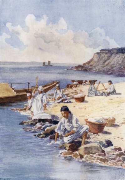 Donne coreane che lavano i vestiti in un fiume da E.H. Fitchew