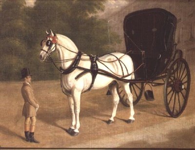 Un cavallo grigio e cabriolet con groom da E.M. Fox