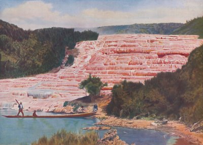 Bellezza arrossata delle Terrazze Rosa della Nuova Zelanda prima della loro completa distruzione da ENA