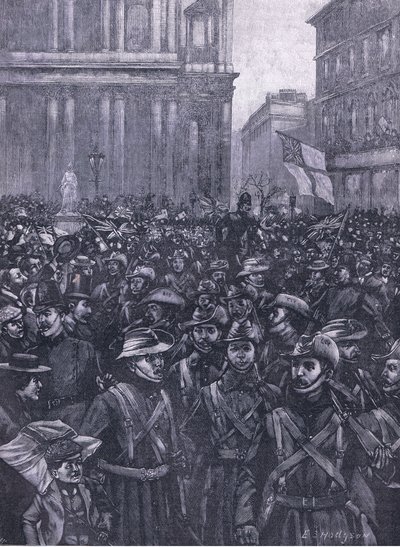 I CIV che marciano giù per Ludgate Hill, verso la Masion House alla stazione di Waterloo, illustrazione da Cassells History of England, 1900 da E.S. Hodgson