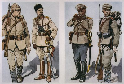 Fanteria turca e ufficiale (a sinistra) e ufficiale di fanteria bulgaro e soldato di fanteria del 1917 (a destra) del 1917 da E. (after) Dobrich