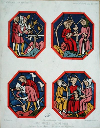 La finestra dei viticoltori, incisa dai fratelli Thurwanger, da una vetrata nella cattedrale di Le Mans da E. (after) Hucher
