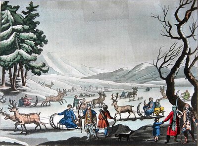 Tungus che lasciano il loro campo invernale su slitte trainate da renne, c.1820 da E. (after) Karnejeff