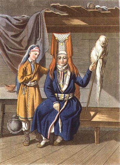 Donne Votyak che Filano, inciso da Jegor Skotnikoff (1782-1843) da E. (after) Karnejeff